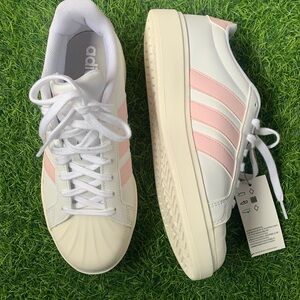 adidas Women's White Sneakers with Light Pink Stripes